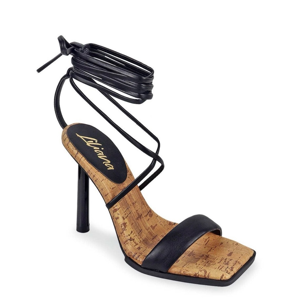 Black square toe cap w pencil heel tie up strap.